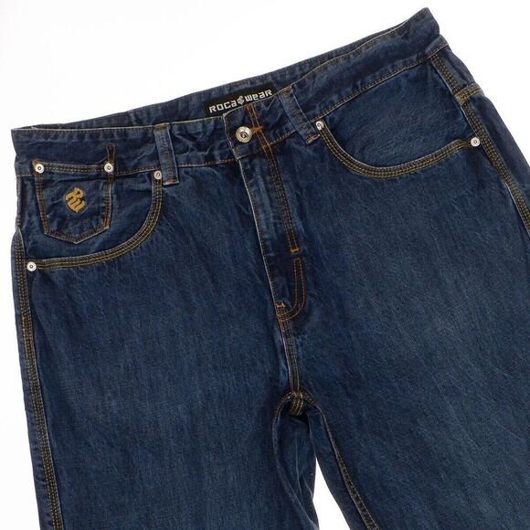 Rocawear Jeans Mens Size 38 Measures 37x32 Dark Blue Embroidered Cotton Denim - Picture 2 of 16